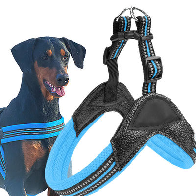 Black Blue PU Dog Harness Leash Padded Puppy Harness E Leash Set