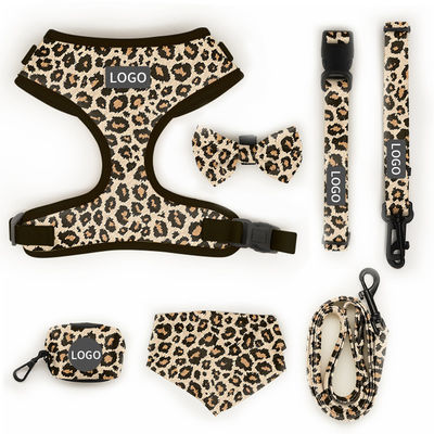 Polyester Leopard Print Pet Harness Set Logo Regolabile Collare Leash Mesh Dog Harness